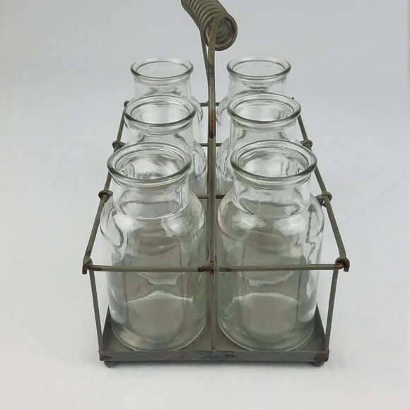 Vtg glass clear bottle holder carry rack metal rustic farmhouse 6 bottles home - Picture 2 of 3